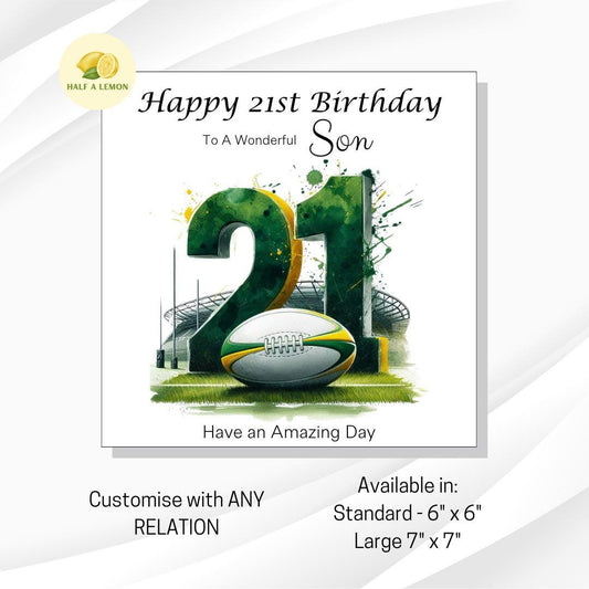 21st Birthday card, ANY Relation, Son, Great Grandson, Grandson, Nephew, Brother, gift, Green and yellow Team Rugby Birthday card, him,