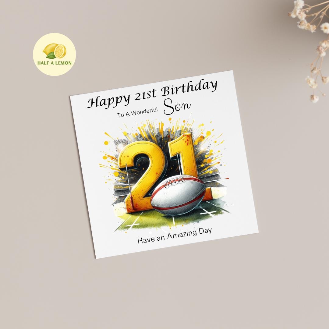 21st Birthday card, ANY Relation, Son, Great Grandson, Grandson, Nephew, Brother, gift, Yellow and Red Team Rugby Birthday card, him,