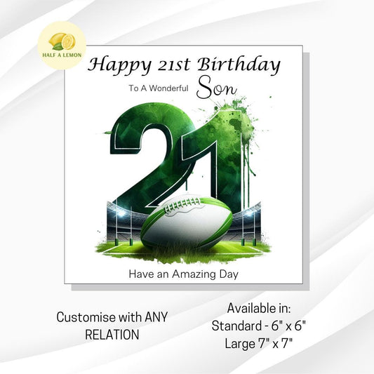 21st Birthday card, ANY Relation, Son, Great Grandson, Grandson, Nephew, Brother, gift, Green Team Rugby Birthday card, him,