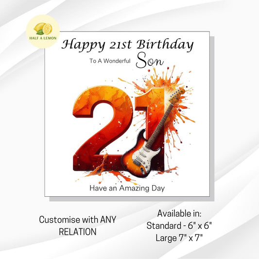 21st Birthday card, ANY Relation, Son, Great Grandson, Grandson, Nephew, Brother, gift, Rock Music, Guitar, Birthday card, him,