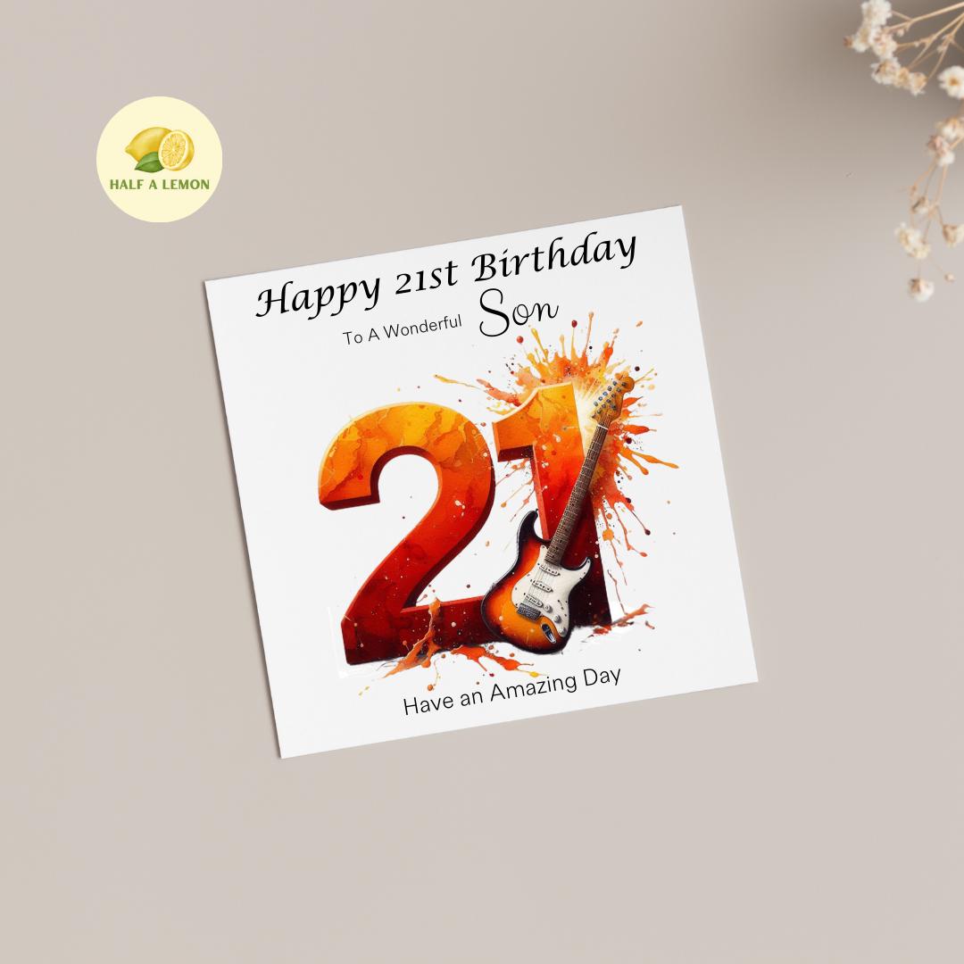 21st Birthday card, ANY Relation, Son, Great Grandson, Grandson, Nephew, Brother, gift, Rock Music, Guitar, Birthday card, him,