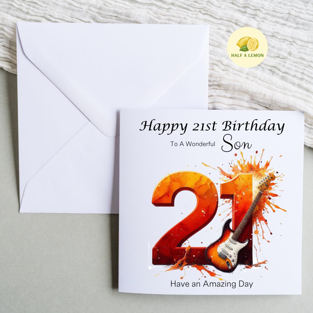 21st Birthday card, ANY Relation, Son, Great Grandson, Grandson, Nephew, Brother, gift, Rock Music, Guitar, Birthday card, him,