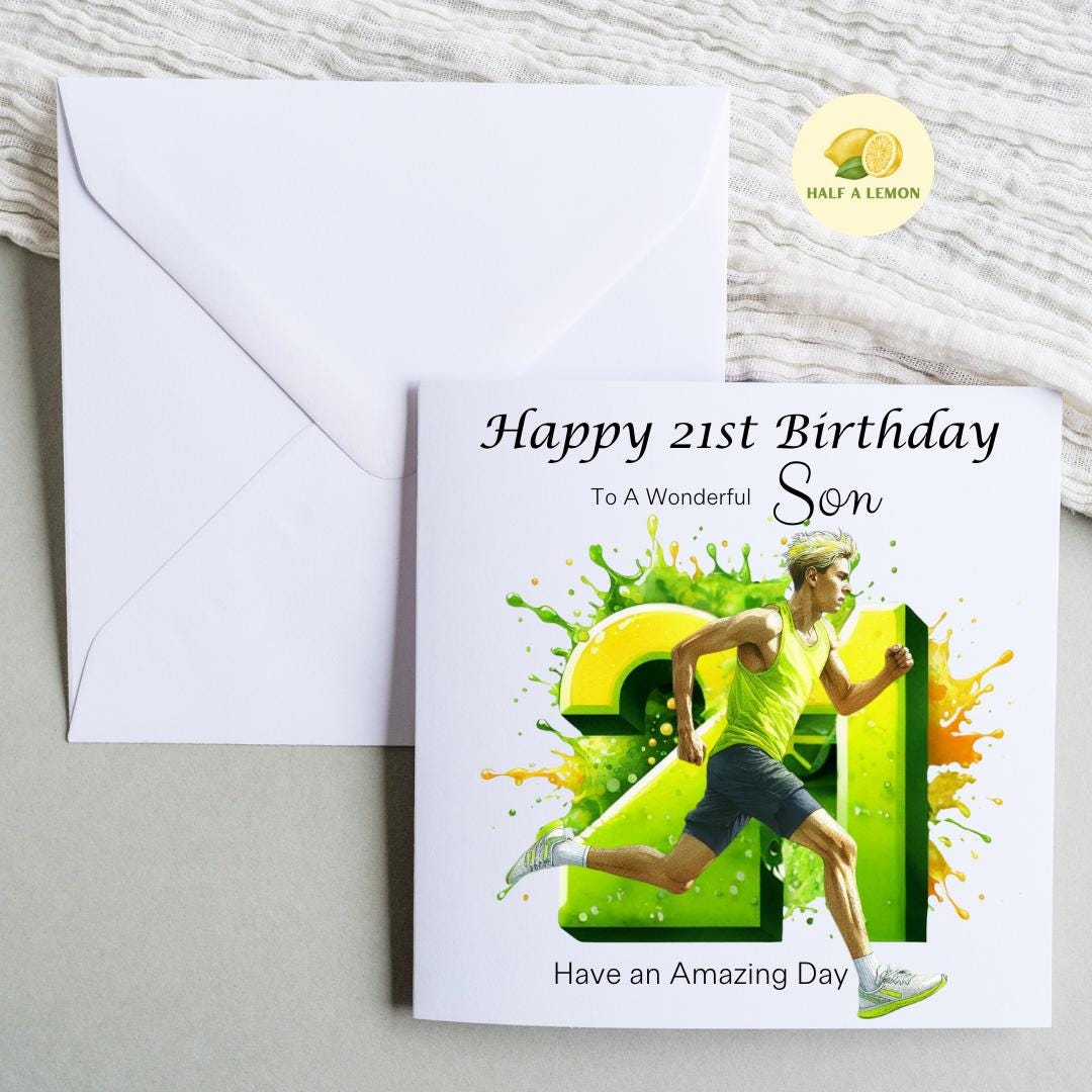 21st Birthday card, ANY Relation, Son, Great Grandson, Grandson, Nephew, Brother, gift, Running, Runner, Birthday card, him, blonde hair,