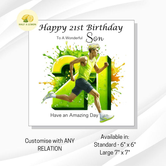 21st Birthday card, ANY Relation, Son, Great Grandson, Grandson, Nephew, Brother, gift, Running, Runner, Birthday card, him, blonde hair,