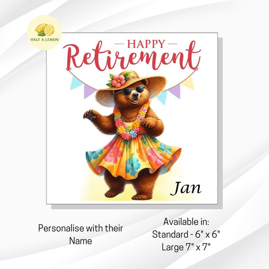 Retirement card, Happy Retirement card, personalise, happy bear dressed in a sundress, straw hat and sunglasses, gift for retirement, her,