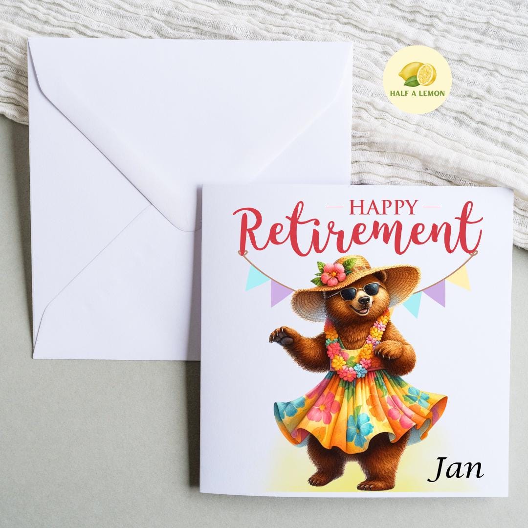 Retirement card, Happy Retirement card, personalise, happy bear dressed in a sundress, straw hat and sunglasses, gift for retirement, her,