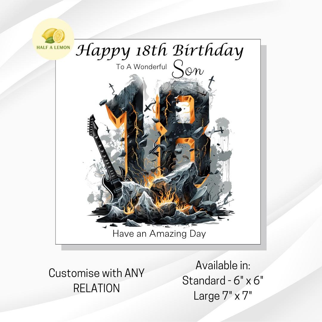 18th Birthday card for Son, also for Great Grandson, Grandson, Nephew, Brother, Heavy Metal / Rock Music themed Birthday card, 18th gift,