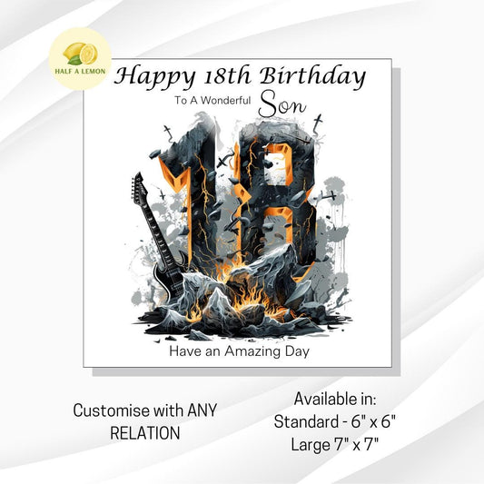 18th Birthday card for Son, also for Great Grandson, Grandson, Nephew, Brother, Heavy Metal / Rock Music themed Birthday card, 18th gift,