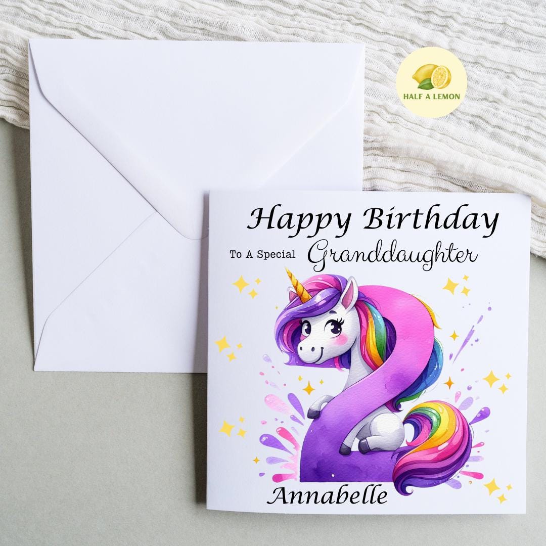 2nd Birthday card, Personalised, Unicorn, ANY Relation, Great Granddaughter, Granddaughter, Daughter, Great Niece, gift, her, girl, 2,