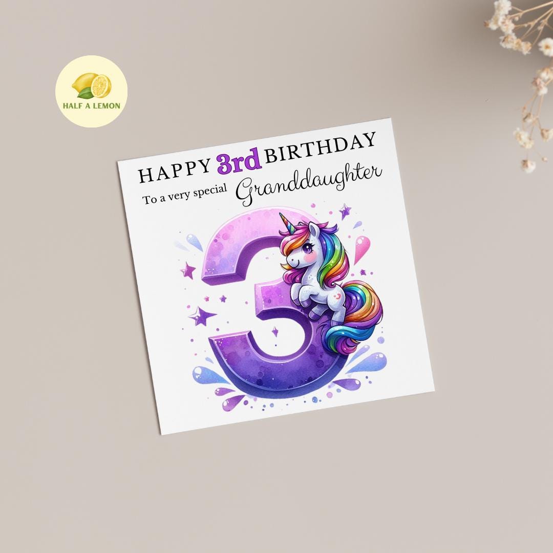 3rd Birthday card, Unicorn, ANY Relation, Great Granddaughter, Granddaughter, Daughter, Great Niece, gift, her, little girl, third, age 3,