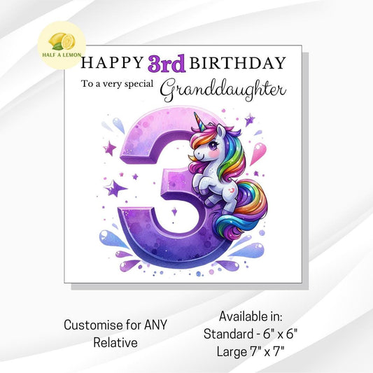 3rd Birthday card, Unicorn, ANY Relation, Great Granddaughter, Granddaughter, Daughter, Great Niece, gift, her, little girl, third, age 3,