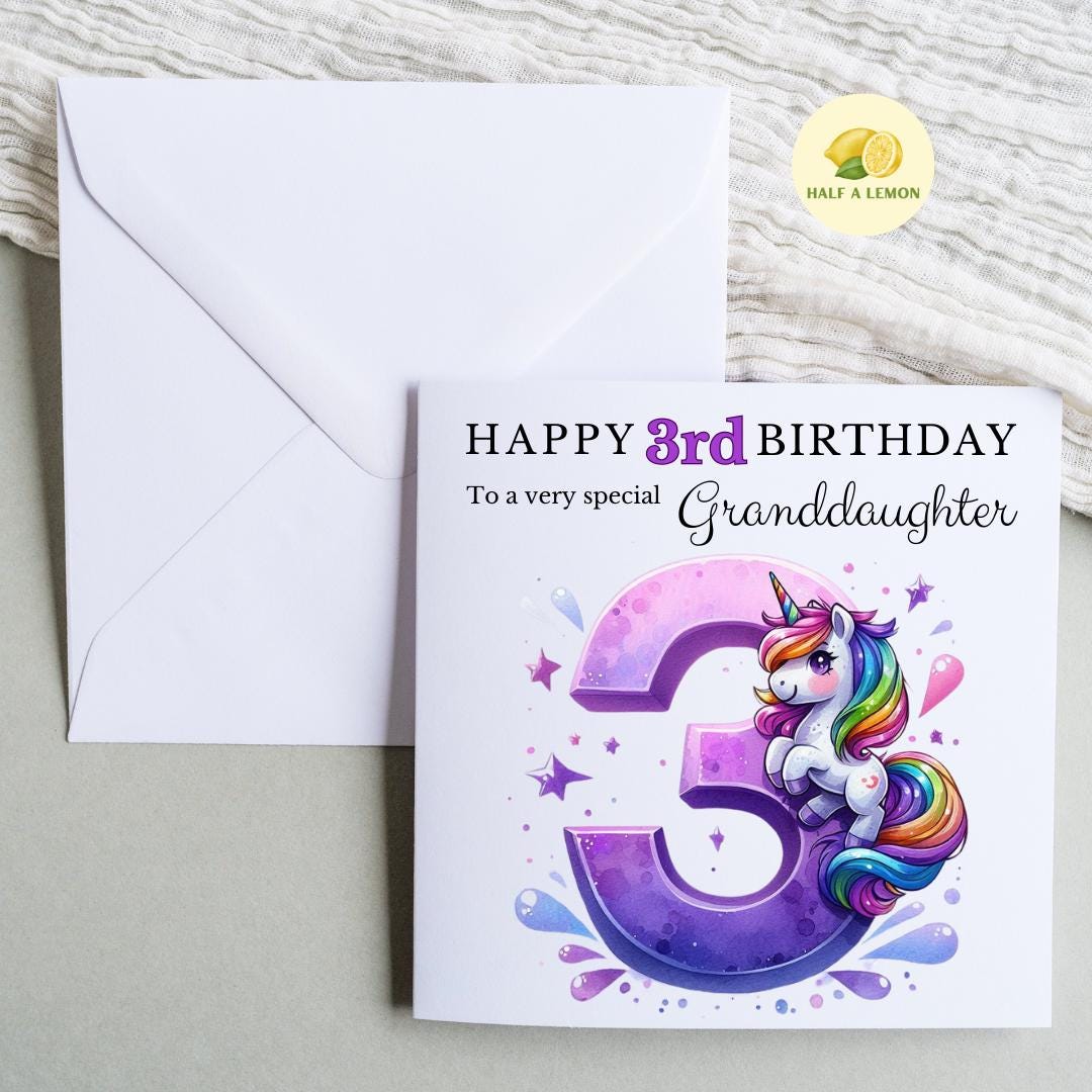 3rd Birthday card, Unicorn, ANY Relation, Great Granddaughter, Granddaughter, Daughter, Great Niece, gift, her, little girl, third, age 3,