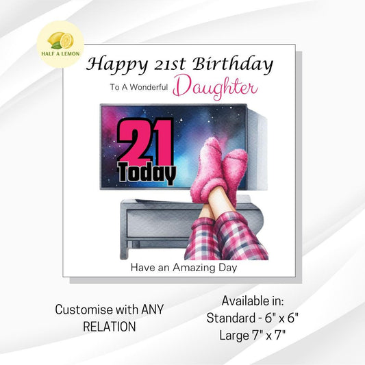 21st Birthday card, ANY Relation, Daughter, Granddaughter, Niece, Sister, Great Granddaughter, gift, Fluffy Sock PJ TV and Chill, for her,
