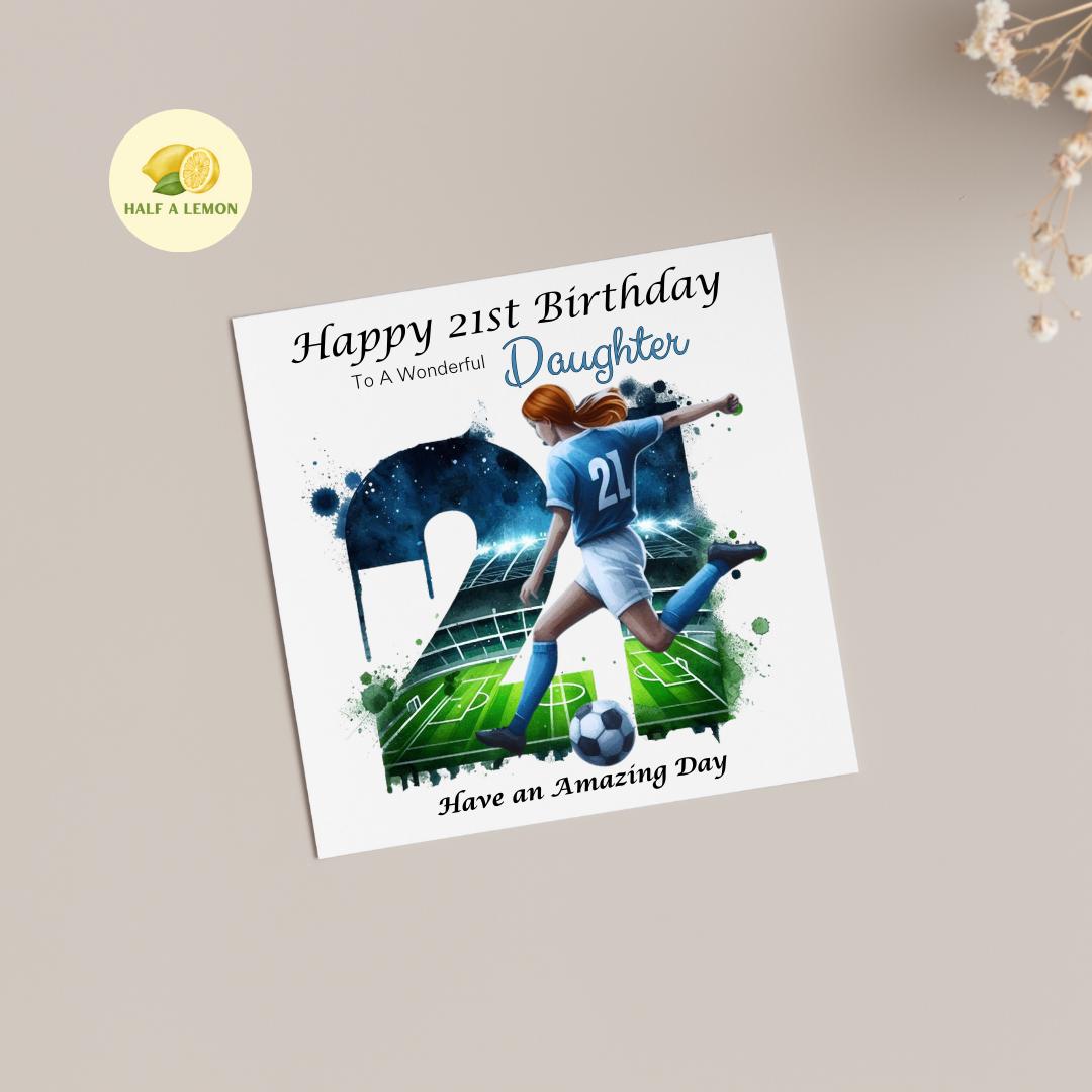 21st Birthday Card, Daughter Birthday Card, Granddaughter Birthday Card, Sister Birthday Card, Niece, Football, Blue Team, Red hair, gift,