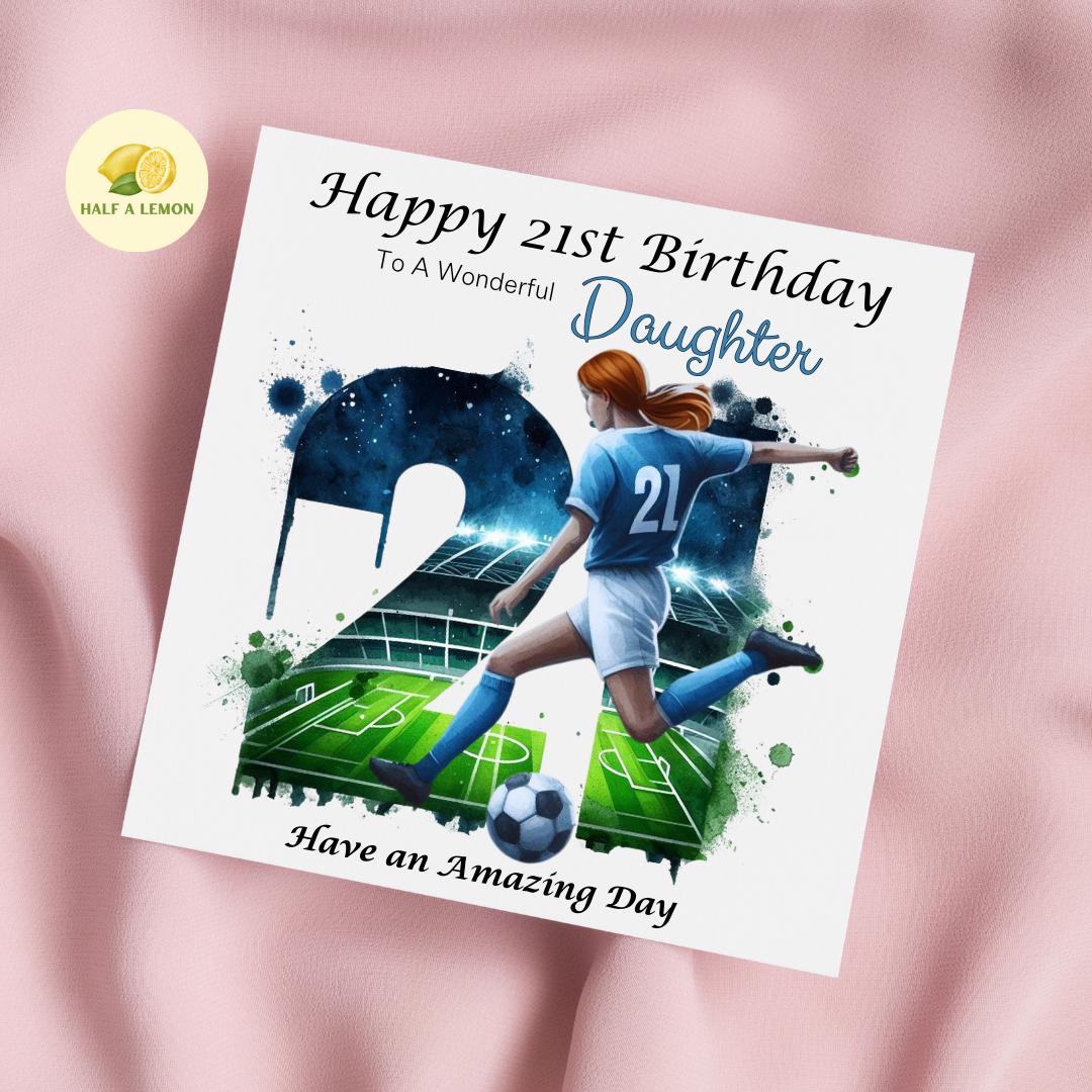 21st Birthday Card, Daughter Birthday Card, Granddaughter Birthday Card, Sister Birthday Card, Niece, Football, Blue Team, Red hair, gift,