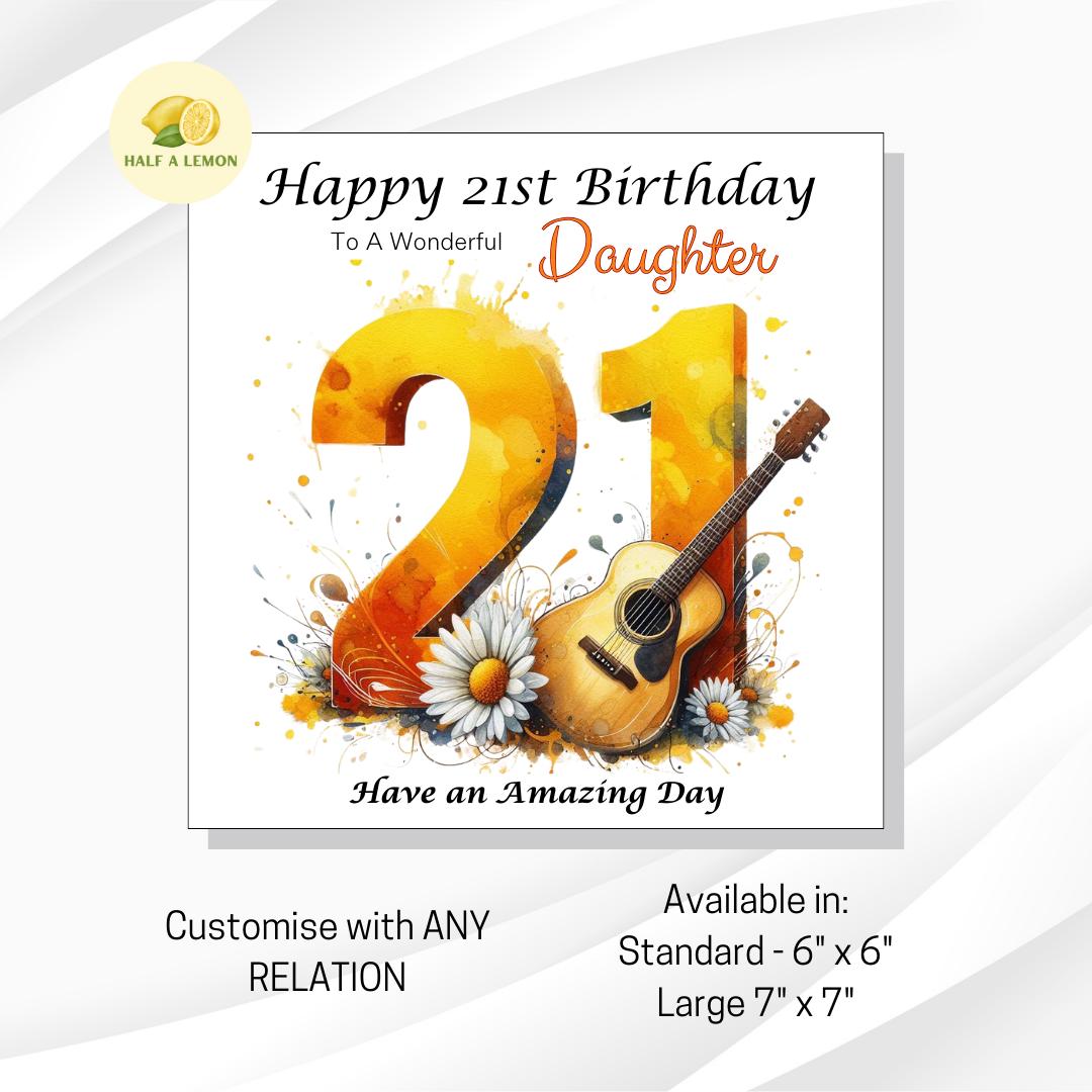 21st Birthday Card, Daughter Birthday Card, Granddaughter Birthday Card, Sister Birthday Card, Niece, Music, acoustic guitar, Boho, gift