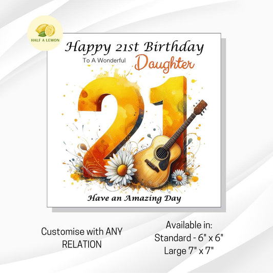 21st Birthday Card, Daughter Birthday Card, Granddaughter Birthday Card, Sister Birthday Card, Niece, Music, acoustic guitar, Boho, gift