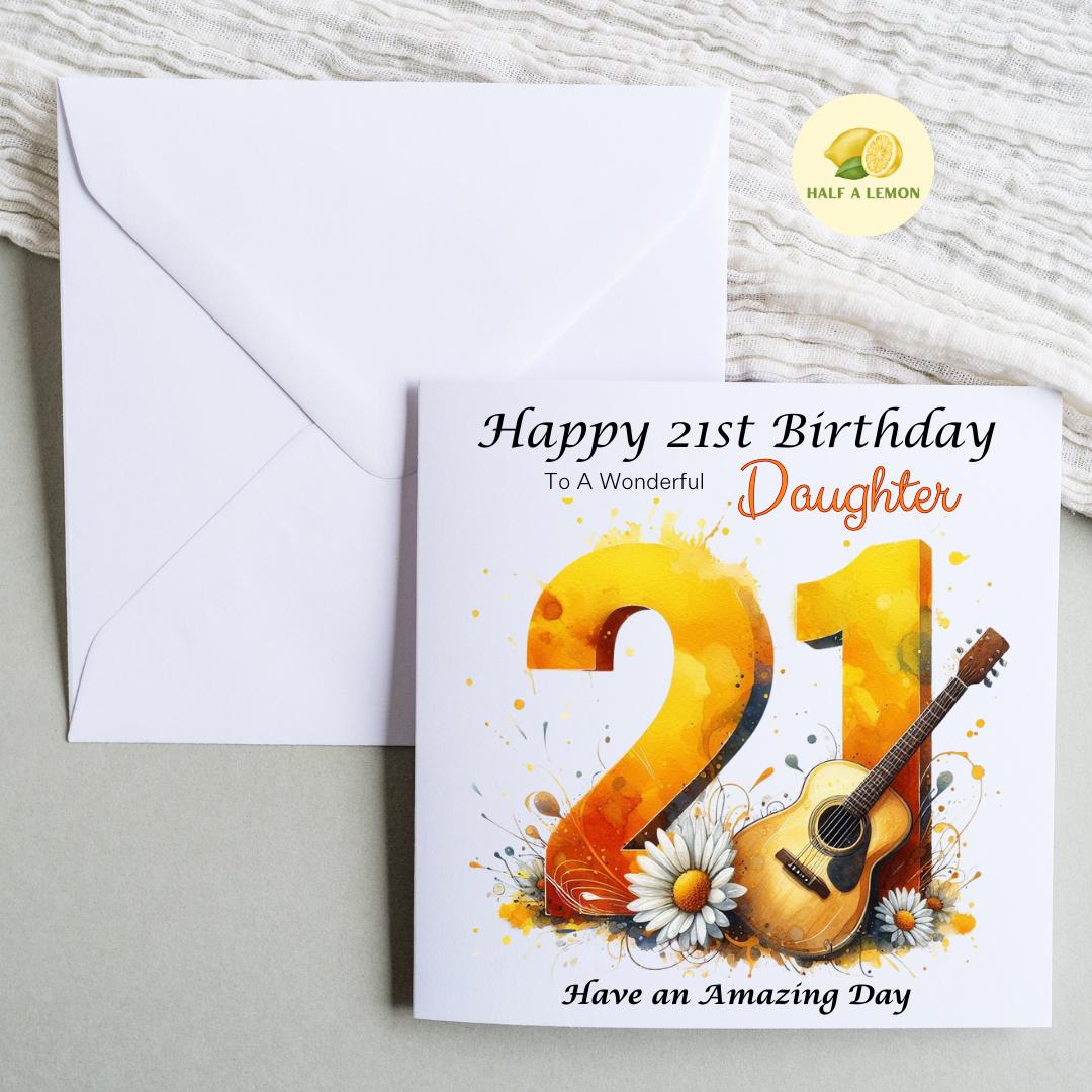 21st Birthday Card, Daughter Birthday Card, Granddaughter Birthday Card, Sister Birthday Card, Niece, Music, acoustic guitar, Boho, gift