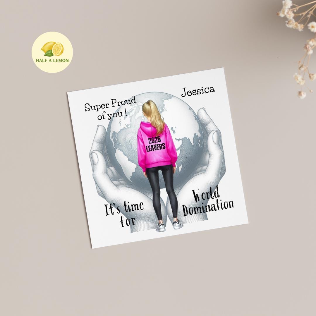 Leavers Card, 2025 It's time for World Domination, personalised school / college leavers card, girl blonde hair, for Daughter, Granddaughter