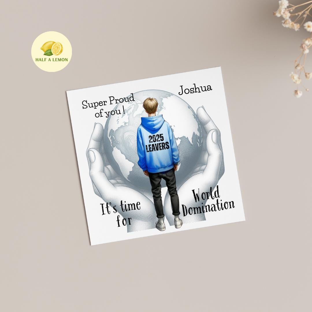 Leavers Card, 2025 It's time for World Domination, personalised school or collage leavers card, boy with blonde hair, gift for Son, Grandson