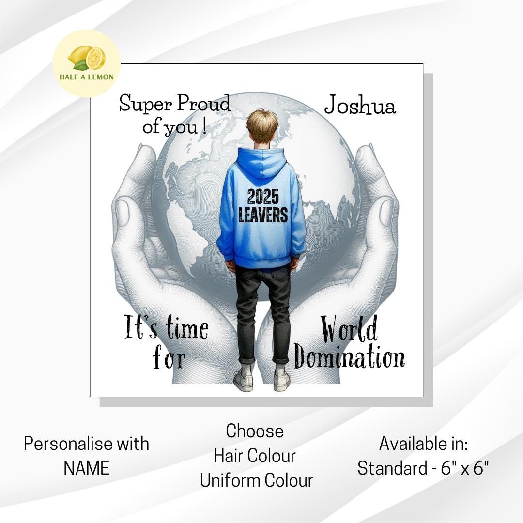Leavers Card, 2025 It's time for World Domination, personalised school or collage leavers card, boy with blonde hair, gift for Son, Grandson