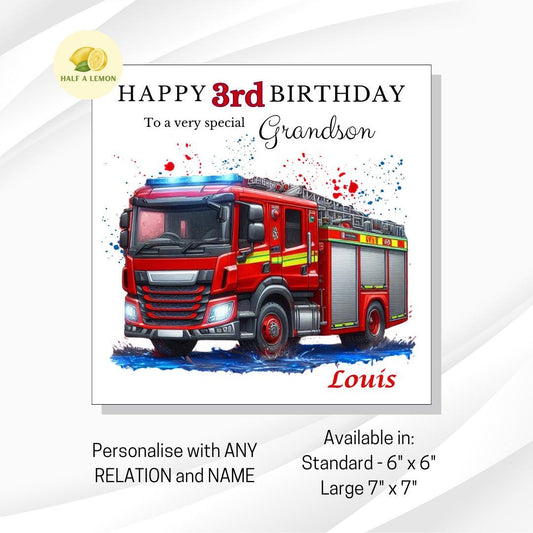 Personalised 3rd Birthday Card For Boy, Son 3rd Birthday Card, Grandson 3rd Birthday Card, Fire Engine, Third, 3rd Birthday Gift, Nephew,