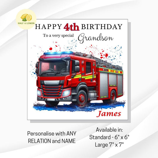 Personalised 4th Birthday Card For Boy, Son 4th Birthday Card, Grandson 4th Birthday Card, Fire Engine, Fourth, 4th Birthday Gift, Nephew,