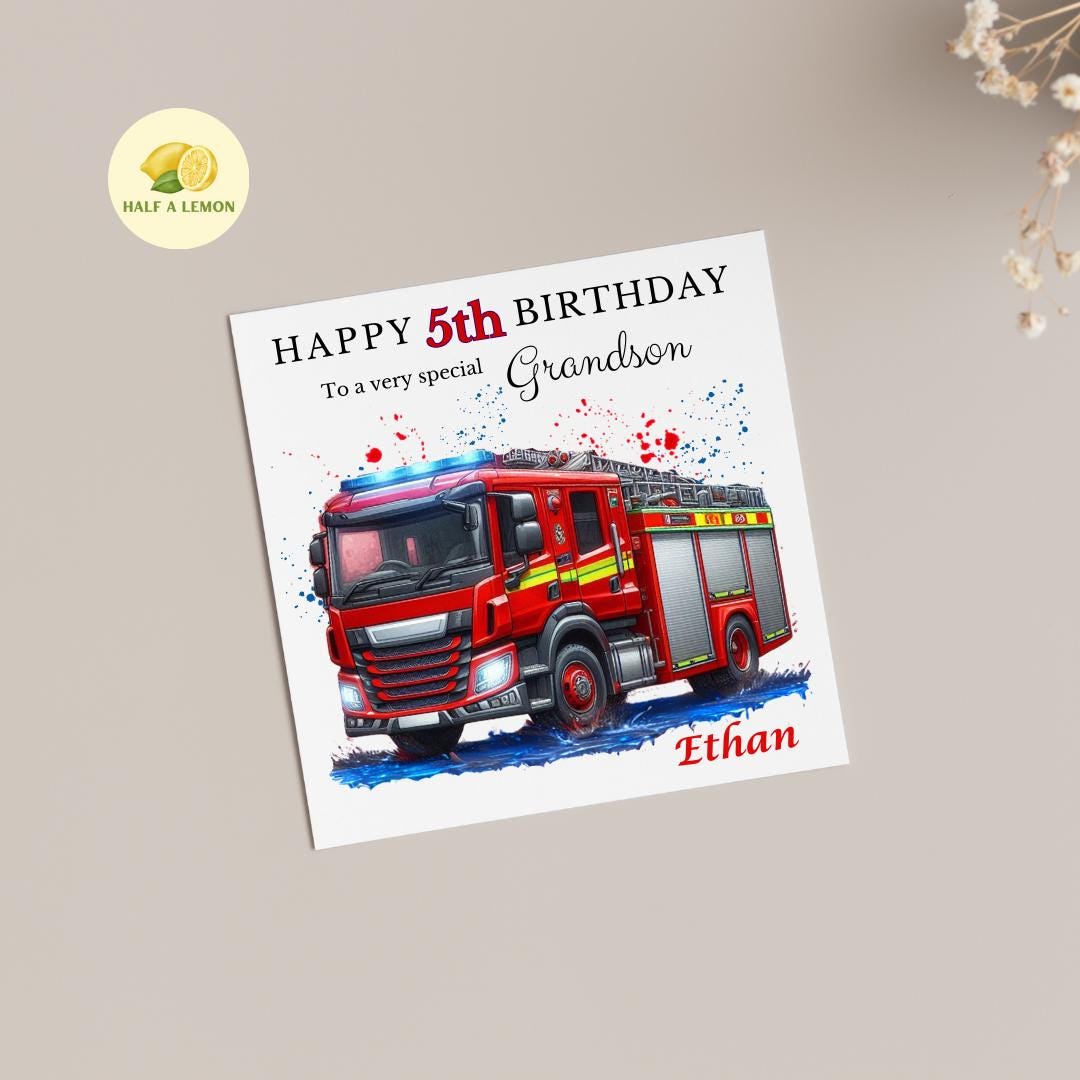 5th Birthday Card, Personalised Son 5th Birthday Card, Grandson 5th Birthday Card, Fire Engine, Fifth, 5th Birthday Gift, Nephew,