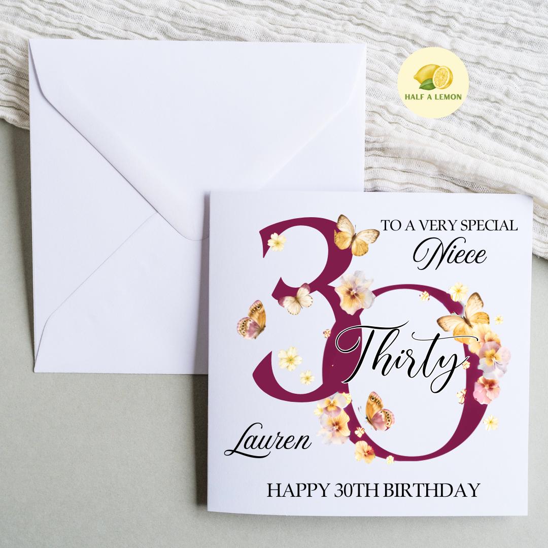 Niece 30th Birthday Card, 30th Birthday Card, 30th Birthday, Niece, 30th Birthday Gift, Thirty, Botanical, Butterflies, illustrated,