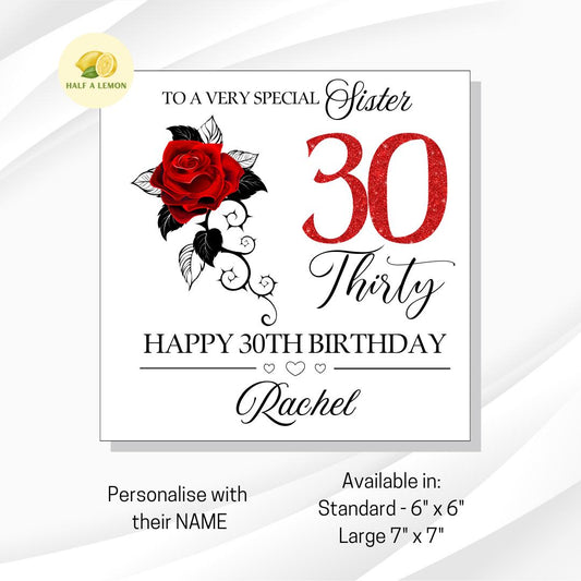 Sister 30th Birthday Card, 30th Birthday Card, 30th Birthday, Personalised, Sister, 30th Birthday Gift, Thirty, Red Rose Gothic Style,