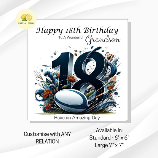 18th Birthday card, for him, ANY Relation, 18th Birthday Gift, Grandson, Great Grandson, Son, Nephew, Brother, Milestone, Rugby theme