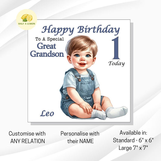 1st Birthday Card, First Birthday Card, 1st Birthday Boy, Great Grandson 1st Birthday Card, Personalised, ANY Relation, 1st Birthday Gift,