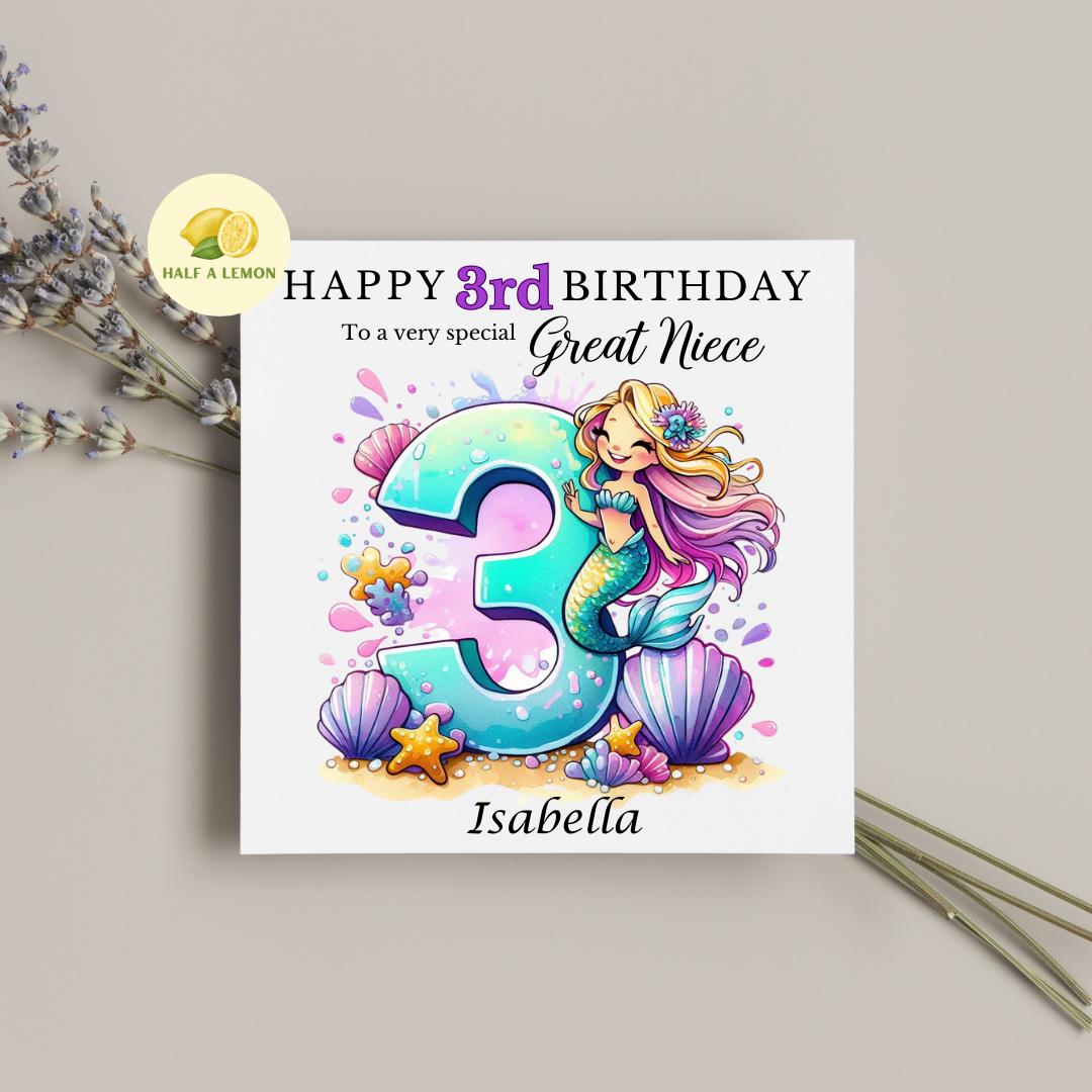 3rd Birthday Card, Personalised Birthday Card, 3rd Birthday Gift Girl, Niece Birthday Card, Daughter Birthday Card, Granddaughter, Mermaid,