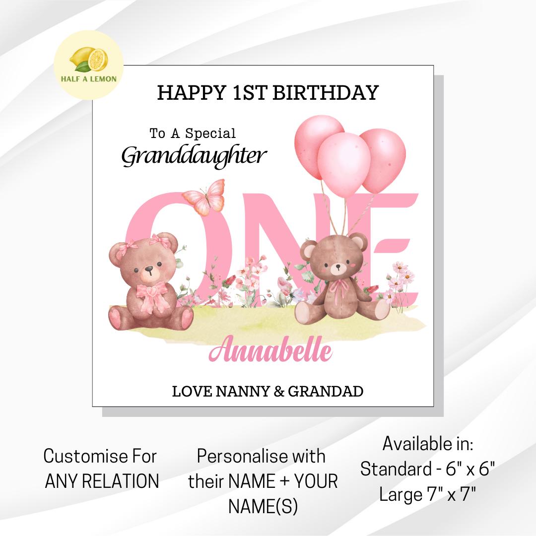 First Birthday Card For Granddaughter, 1st Birthday Card Girl, Personalised 1st Birthday Card, 1st Birthday Gift, Great Granddaughter, Niece