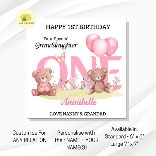 First Birthday Card For Granddaughter, 1st Birthday Card Girl, Personalised 1st Birthday Card, 1st Birthday Gift, Great Granddaughter, Niece
