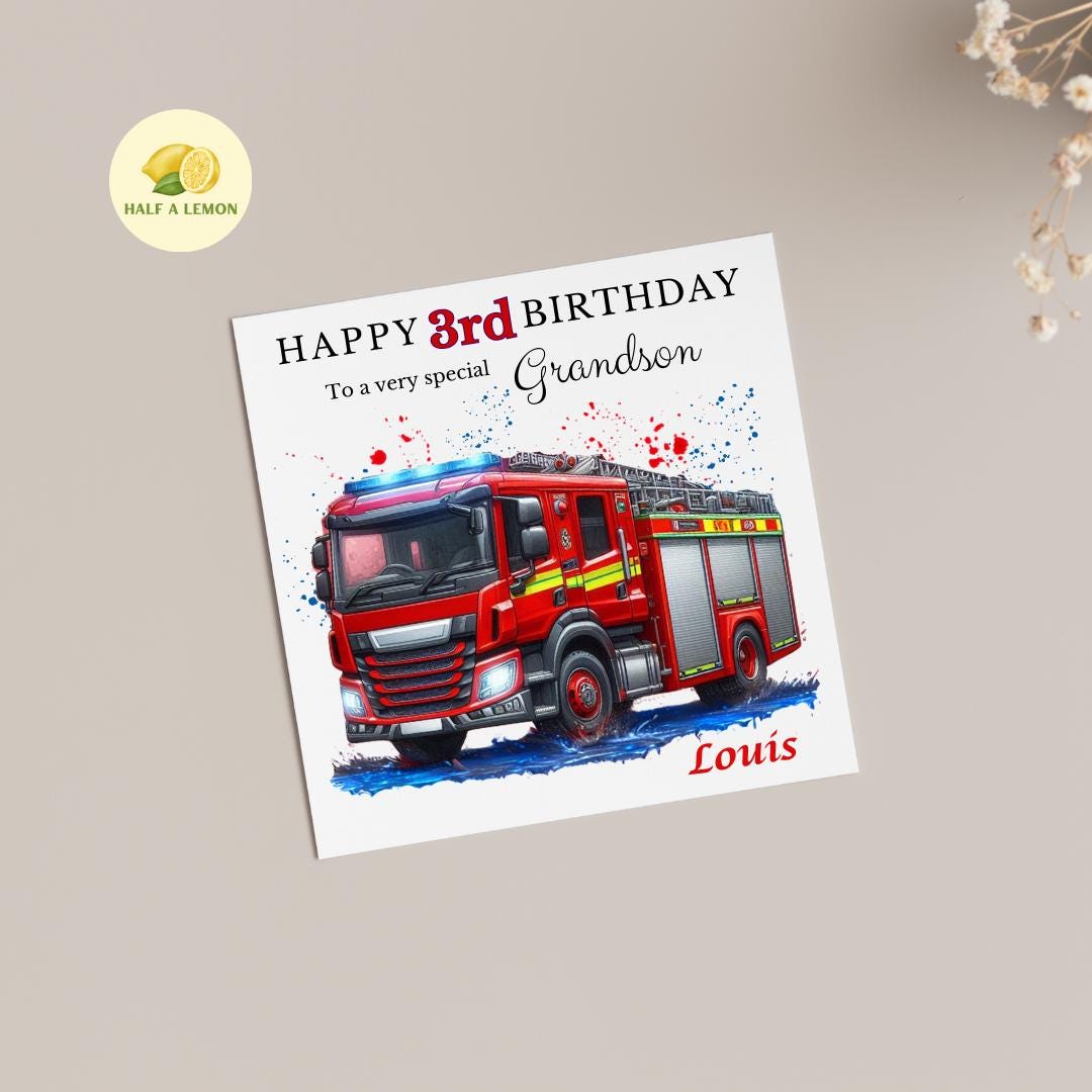 Personalised 3rd Birthday Card For Boy, Son 3rd Birthday Card, Grandson 3rd Birthday Card, Fire Engine, Third, 3rd Birthday Gift, Nephew,