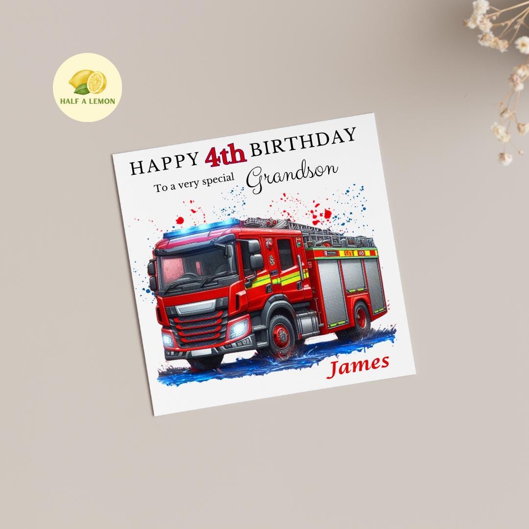 Personalised 4th Birthday Card For Boy, Son 4th Birthday Card, Grandson 4th Birthday Card, Fire Engine, Fourth, 4th Birthday Gift, Nephew,