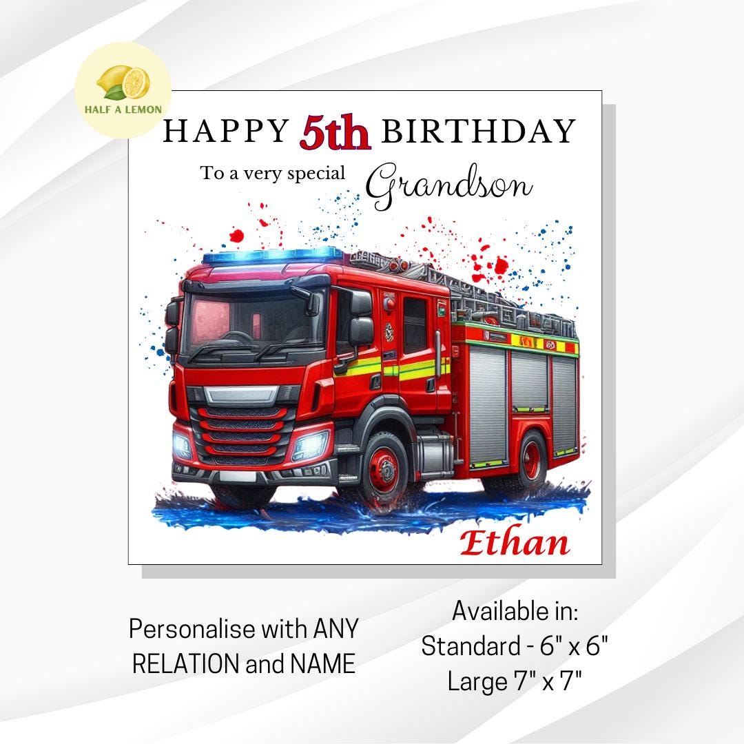 5th Birthday Card, Personalised Son 5th Birthday Card, Grandson 5th Birthday Card, Fire Engine, Fifth, 5th Birthday Gift, Nephew,