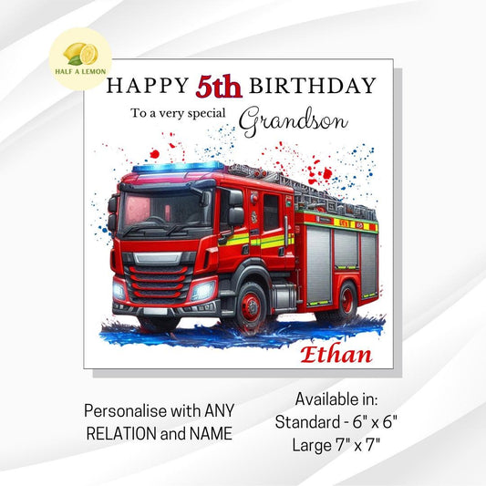 5th Birthday Card, Personalised Son 5th Birthday Card, Grandson 5th Birthday Card, Fire Engine, Fifth, 5th Birthday Gift, Nephew,