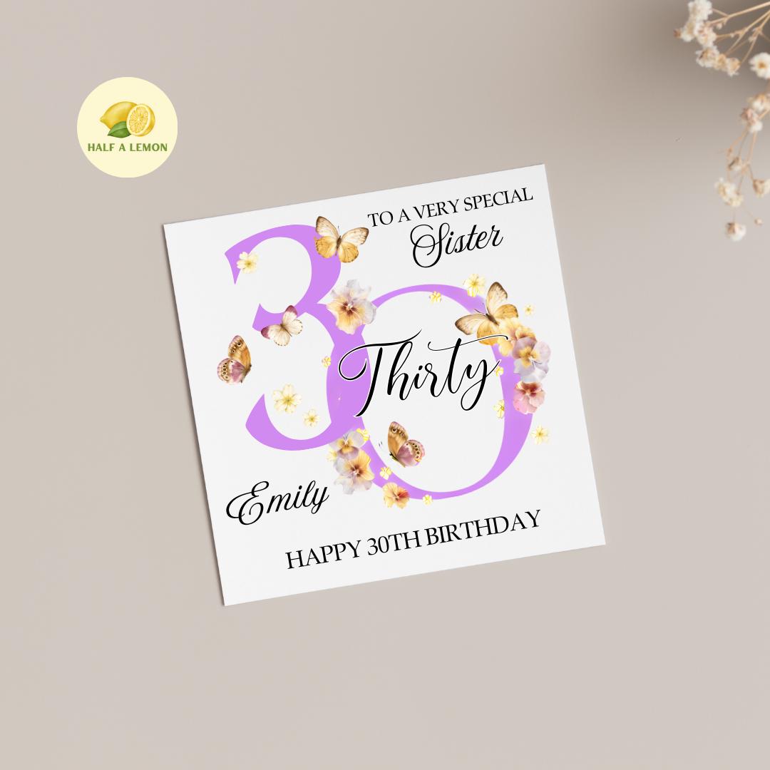 Sister 30th Birthday Card, 30th Birthday Card, 30th Birthday, Sister, 30th Birthday Gift, Thirty, Botanical, Butterflies, illustrated,