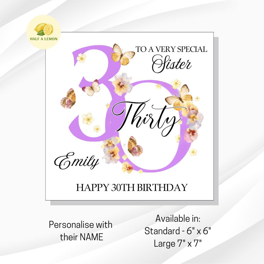 Sister 30th Birthday Card, 30th Birthday Card, 30th Birthday, Sister, 30th Birthday Gift, Thirty, Botanical, Butterflies, illustrated,