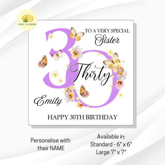 Sister 30th Birthday Card, 30th Birthday Card, 30th Birthday, Sister, 30th Birthday Gift, Thirty, Botanical, Butterflies, illustrated,