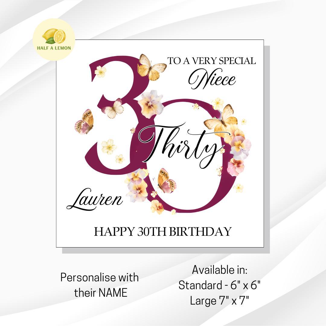 Niece 30th Birthday Card, 30th Birthday Card, 30th Birthday, Niece, 30th Birthday Gift, Thirty, Botanical, Butterflies, illustrated,
