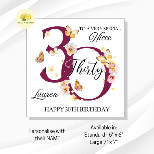 Niece 30th Birthday Card, 30th Birthday Card, 30th Birthday, Niece, 30th Birthday Gift, Thirty, Botanical, Butterflies, illustrated,