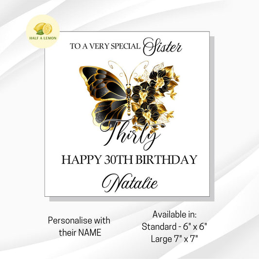 Sister 30th Birthday Card, 30th Birthday Card, 30th Birthday, Personalised, Sister, 30th Birthday Gift, Thirty, Gold Shattered Butterfly,