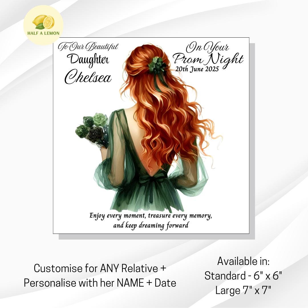 Prom Card for Granddaughter, Personalised Daughter Prom Card, for Niece, Emerald Green Dress, Choose Hair Colour, Prom Gift, Prom Night