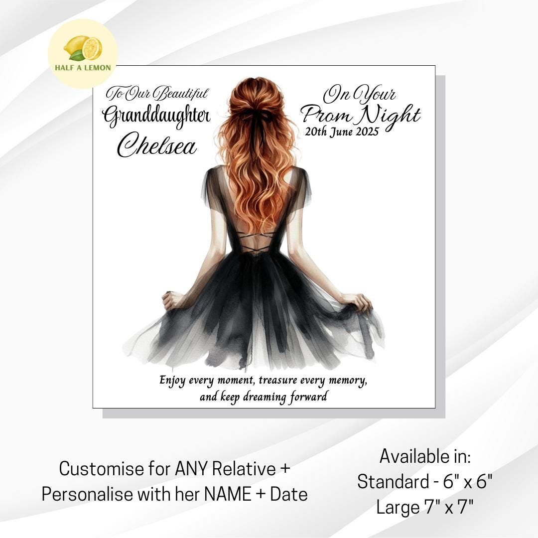 Prom Card for Granddaughter, Personalised Daughter Prom Card, for Niece, Black Prom Dress, Choose Hair Colour, Prom Gift, Prom Night