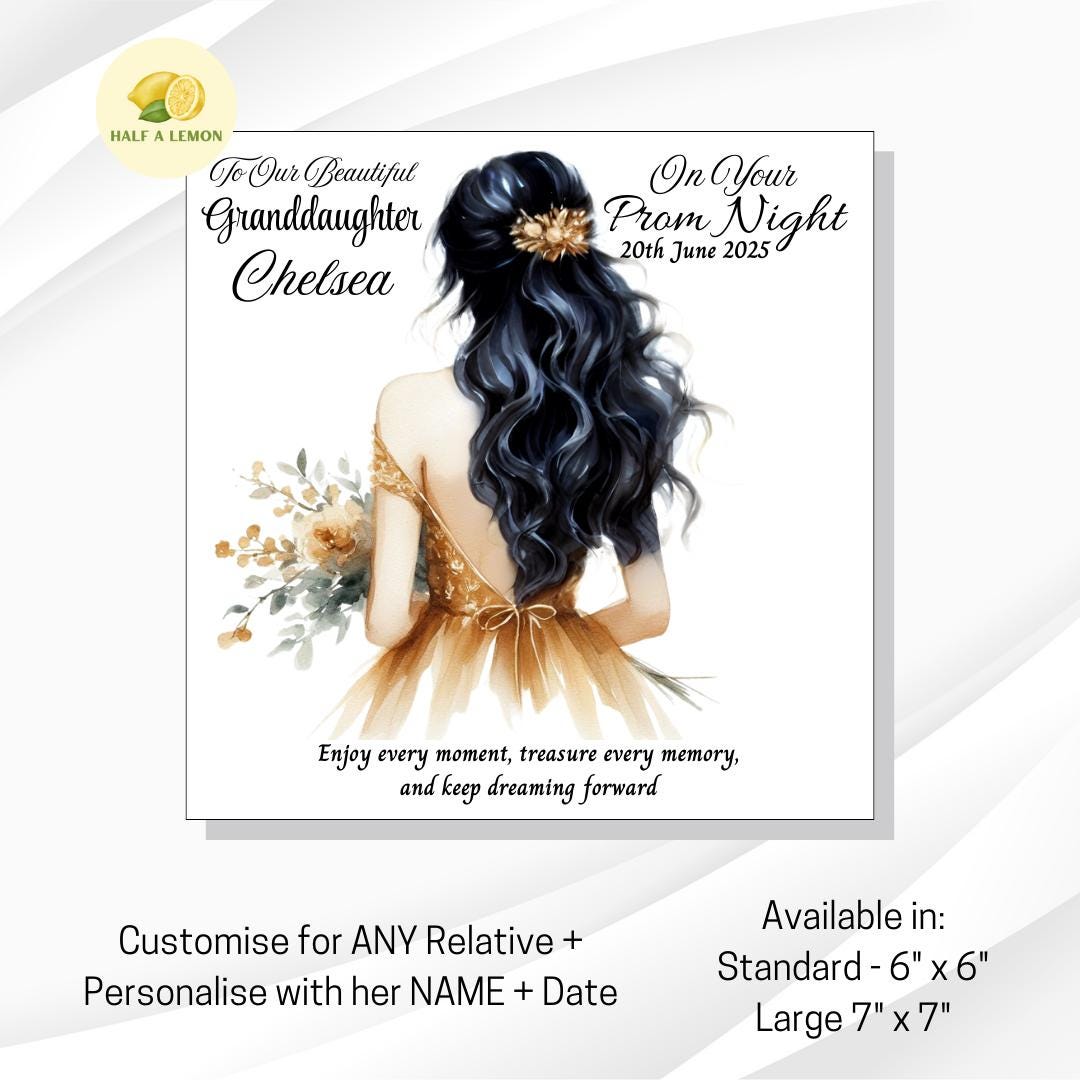 Prom Card for Daughter, Personalised Granddaughter Prom Card, for Niece, Gold Prom Dress, Choose Hair Colour, Prom Gift, Prom Night