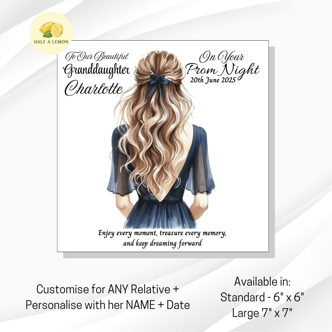 Prom Card for Daughter, Personalised Granddaughter Prom Card, Prom Card for Niece, Navy Dress, Choose Hair Colour, Prom Gift, Prom Night