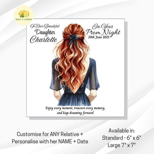 Prom Card for Daughter, Personalised Granddaughter Prom Card, Prom Card for Niece, Navy Dress, Choose Hair Colour, Prom Gift, Prom Night